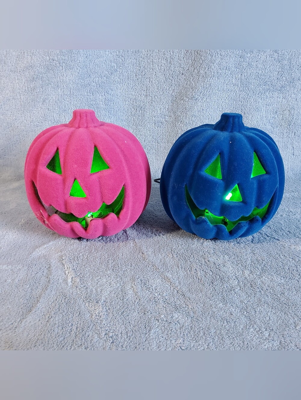 Lot of 2 Flocked Velvet Light-Up Halloween Jack-O-Lantern Pumpkins – Pink & Blue